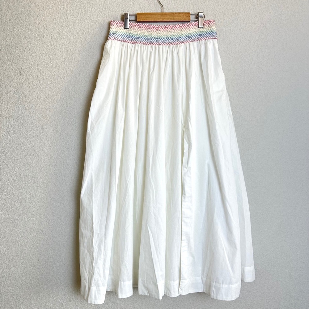 Abercrombie & Fitch Trevor Project Rainbow Smocked Waist Poplin Midi Skirt White